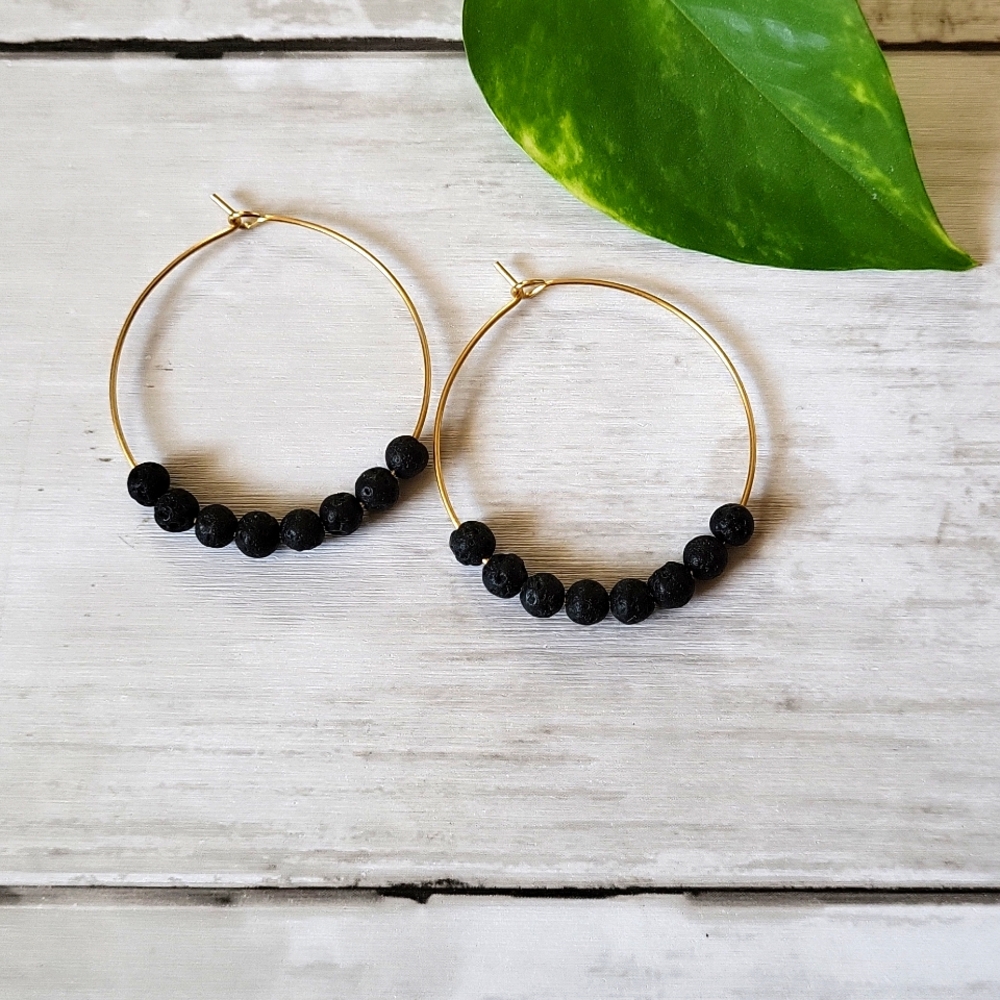 Black Lava Bead Aromatherapy Gold Hoop Earrings